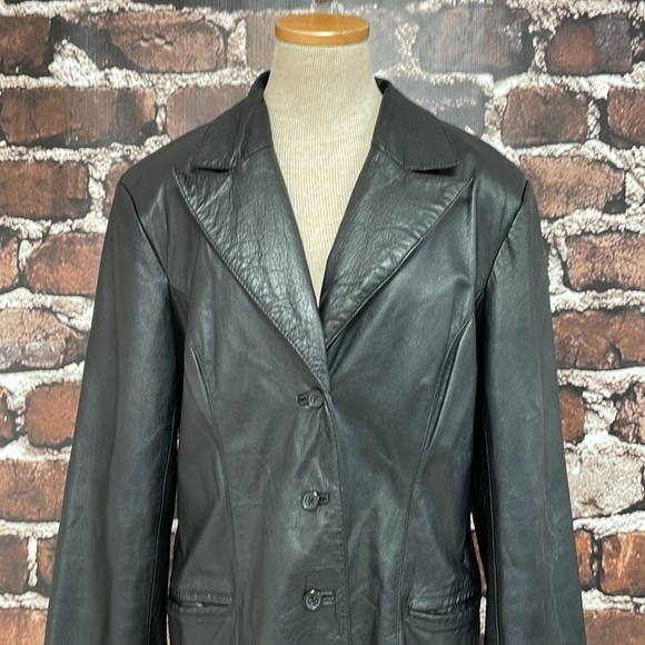 BCBGMAXAZRIA Jacket Women's 12 Black Leather Collar Buttons Pockets Blazer - Picture 7 of 17